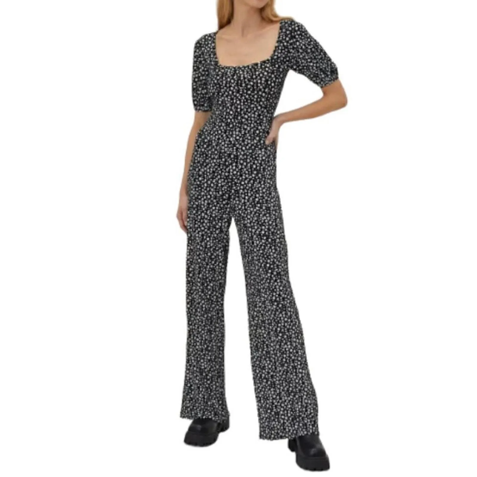 Product image for Nasty Gal Black White Jersey Abstract Spot Short Sleeve Jumpsuit Size 10 - new-without-tags - Nasty Gal