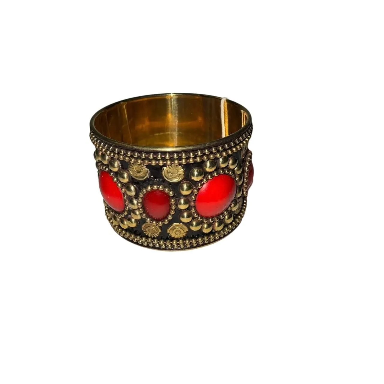 Product image for Iris Apfel & Bajalia Gold Cuff Bracelet Red Cabochons Tribal Coin Detailing - Bracelet - new