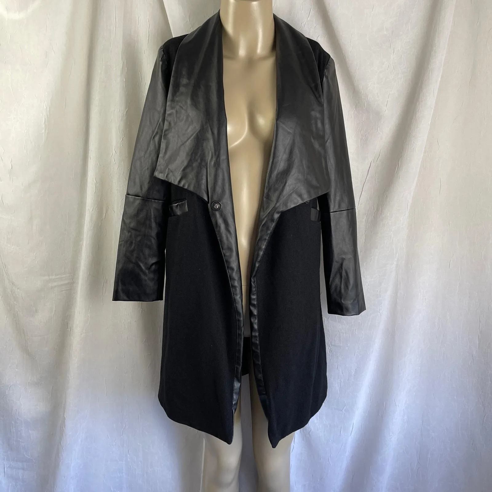 Product image for Long Black Trench Coat Faux Leather Sleeves & Lapel w/ Pockets XS / S - Unknown
