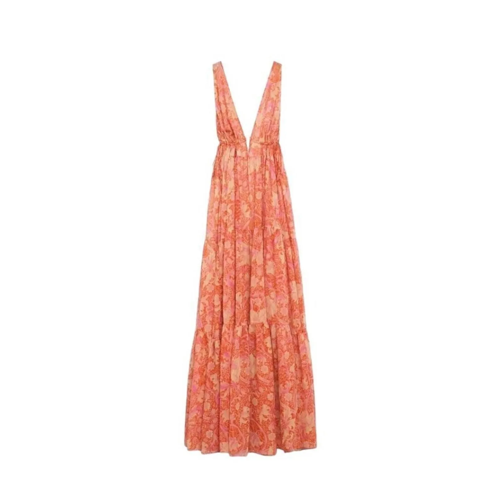 Product image for Chufy x Mango Women's Orange Floral Print Sleeveless V-Neck Maxi Dress Size S - new-without-tags - Chufy x Mango