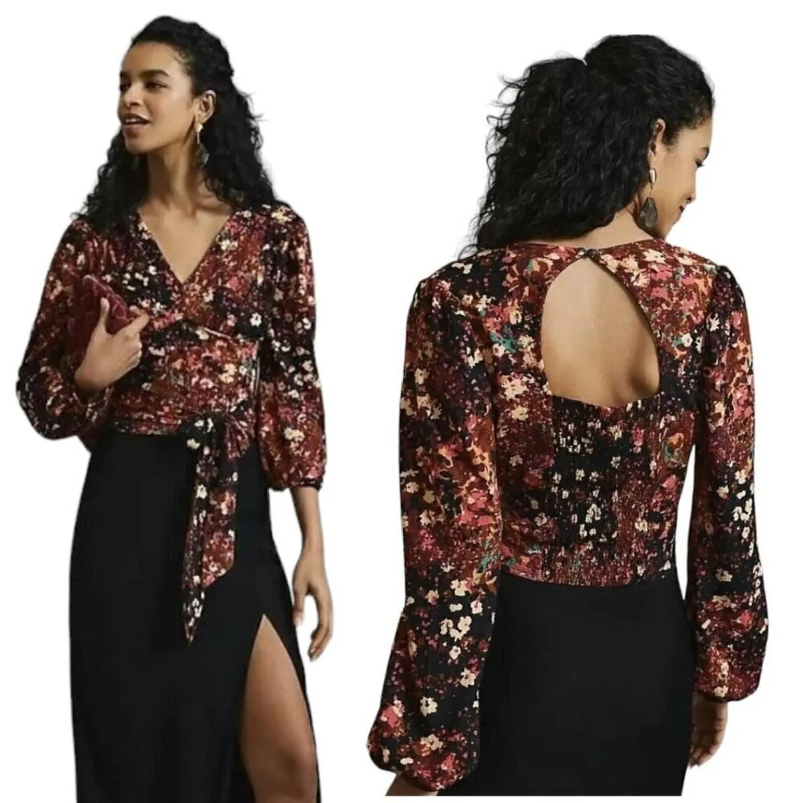 Product image for Anthropologie Orange Pink Floral Balloon Sleeve Back Cut Out Tie Belt Top Sz PM - new-without-tags - Anthropologie