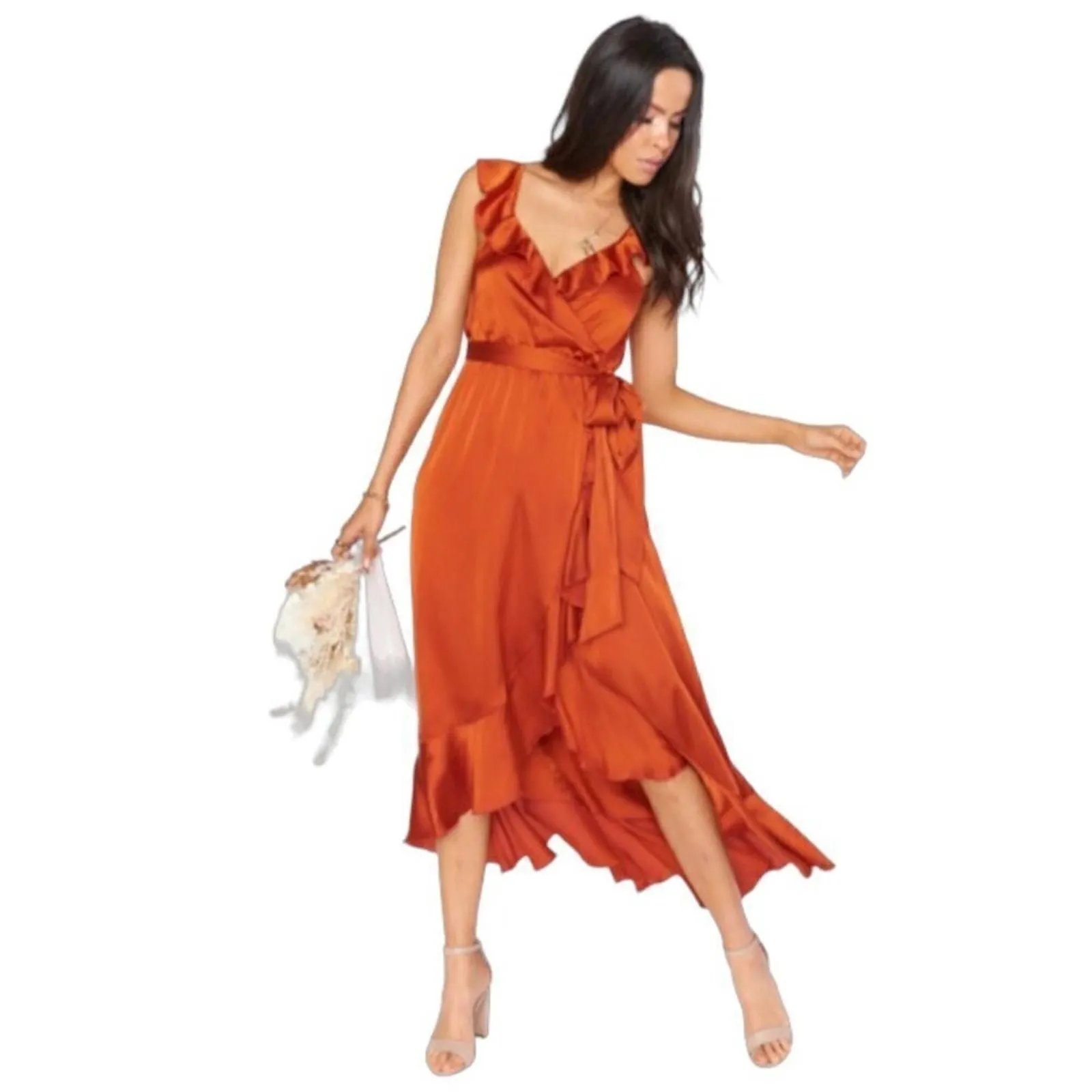 Product image for Show Me Your Mumu Burnt Orange Luxe Satin Samantha Ruffle Wrap Dress Size S - new-without-tags - Show Me Your MuMu
