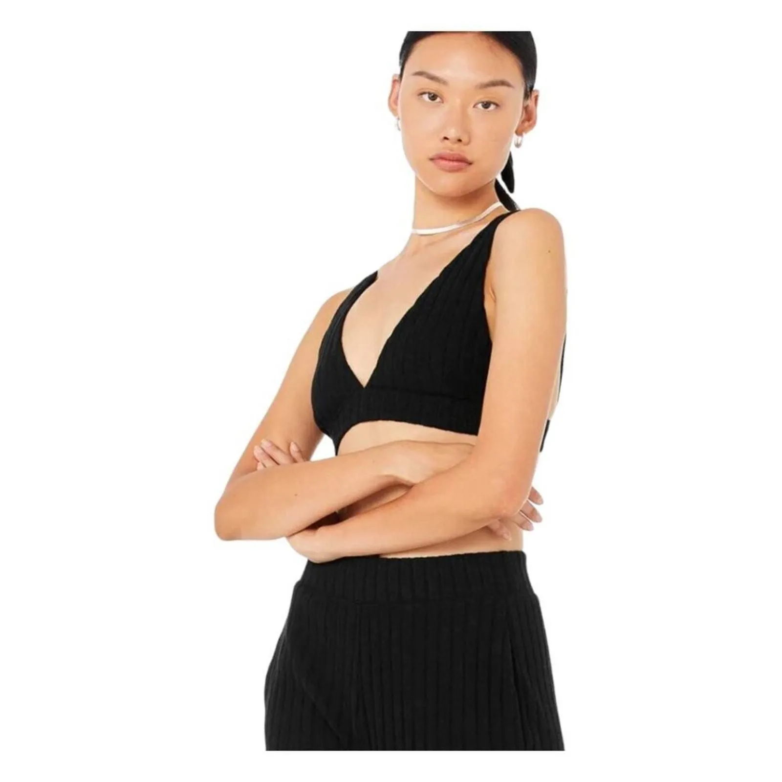 Product image for Alo Ribbed Take Comfort Bra Black Deep V-Neckline Low Impact Support Size M - new-without-tags - ALO Yoga