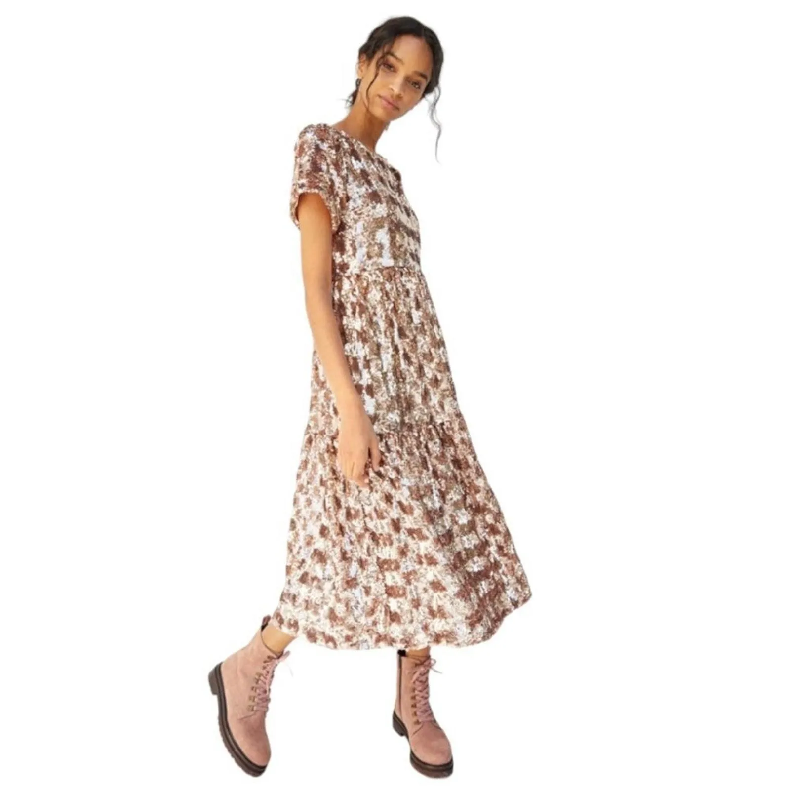 Product image for Maeve Anthropologie Bernadette Sequined Short Sleeve Tiered Midi Dress Size XS - new-without-tags - Maeve