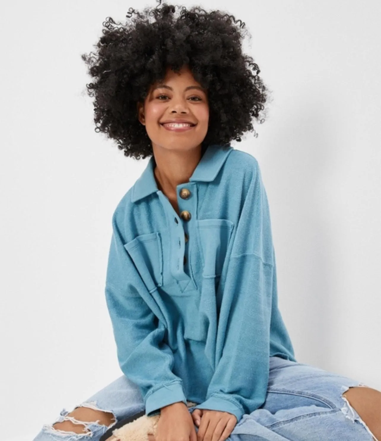 Product image for American Eagle Textured Henley Pullover Sweatshirt Oversized Size XS - pre-owned---good - American Eagle