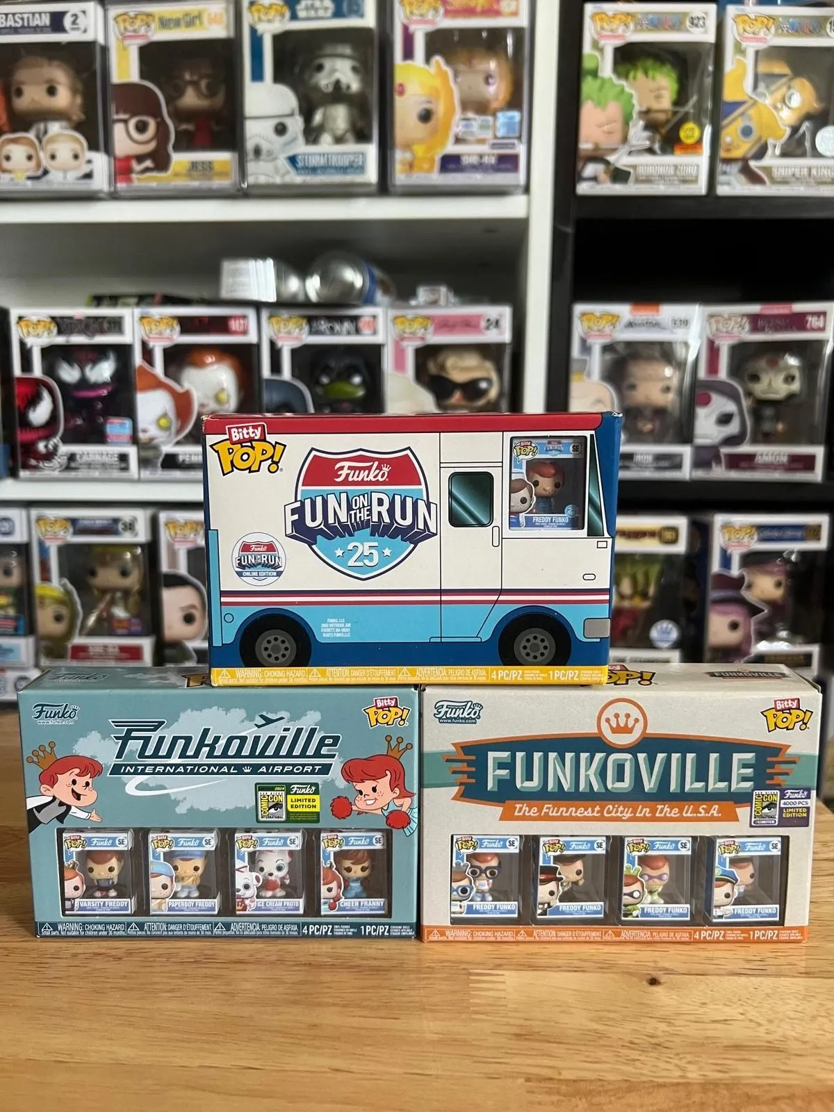 Product image for 3 4-Pack Funko Bitty Pops SDCC Sticker Freddy Funkoville Fun Run Franny Proto