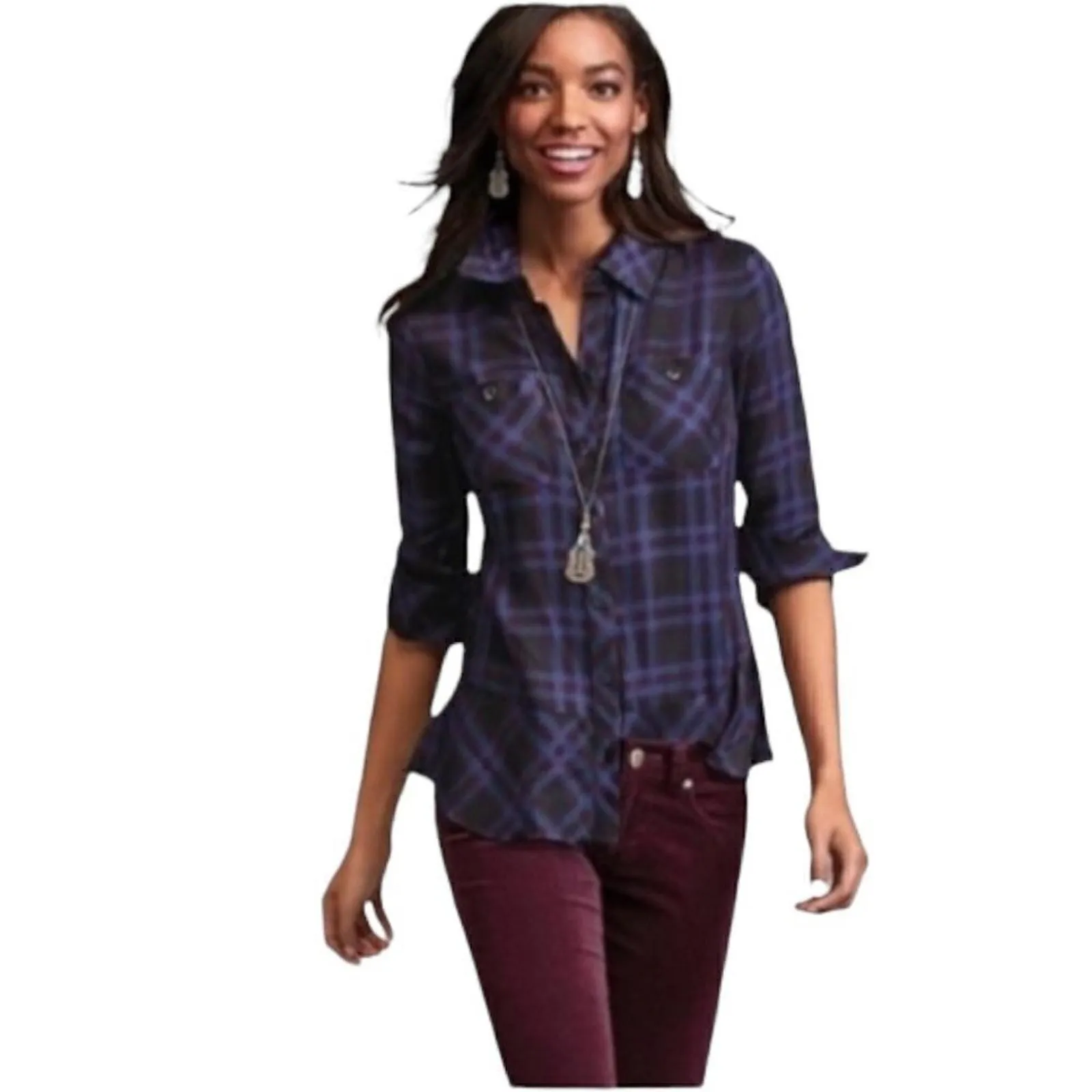 Product image for Cabi Moody Blue Long Sleeve Button-Down Plaid Peplum Shirt Size S - new-without-tags - CAbi