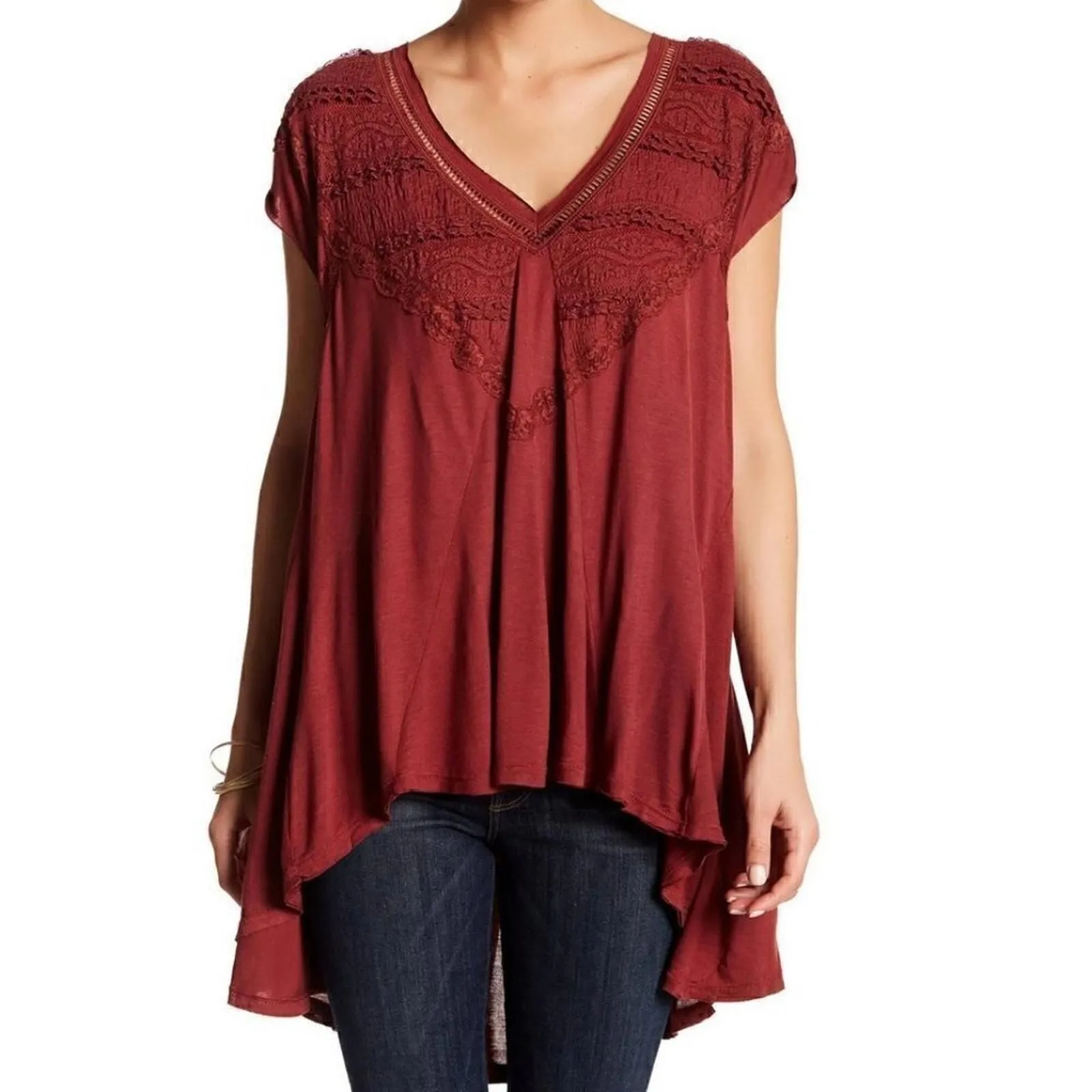 Product image for Free People Abigail Lace-Detail Short Sleeve V-neck maroon sz S - new-without-tags - Free People
