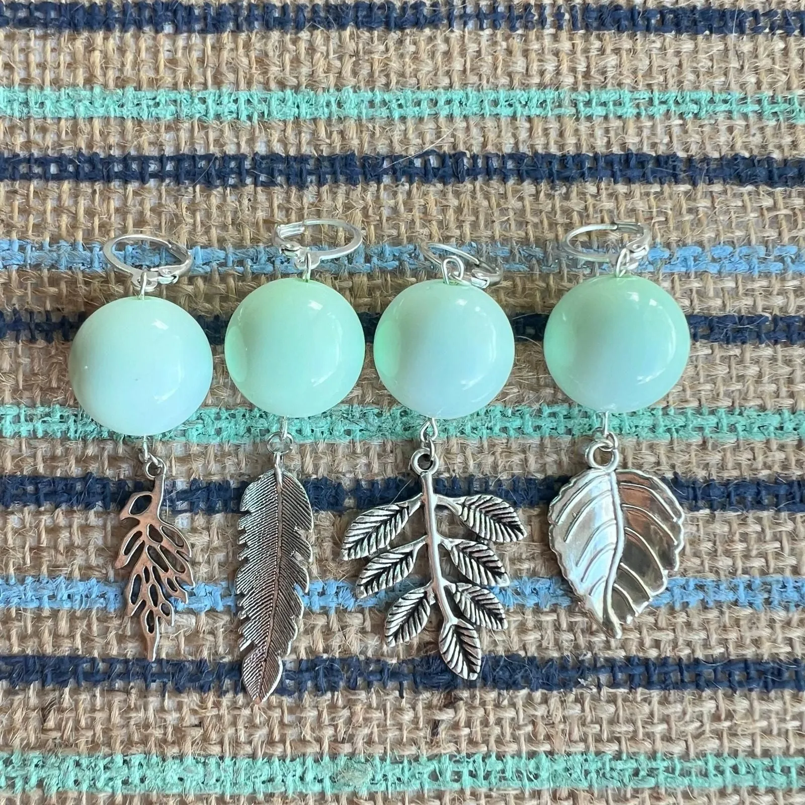 Product image for Silver Leaf with Mint Green Beads Stitch Markers – Set of 4 Handmade | For Knitting or Crochet - Handmade