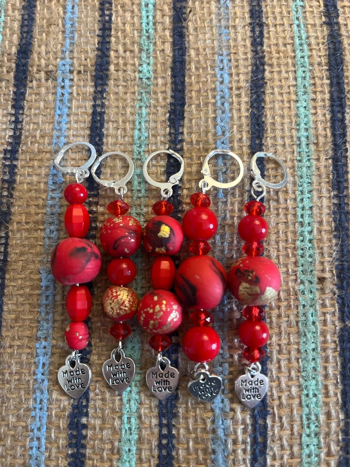 Product image for Handmade with Love Charm with Handmade Clay Red Beads Stitch Markers – Set of 5 Handmade | For Knitting or Crochet - new