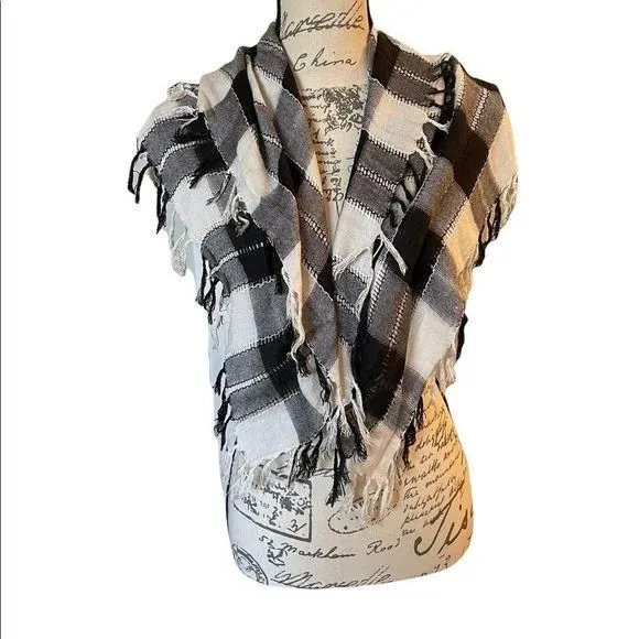 Product image for BLACK and white plaid fringe scarf