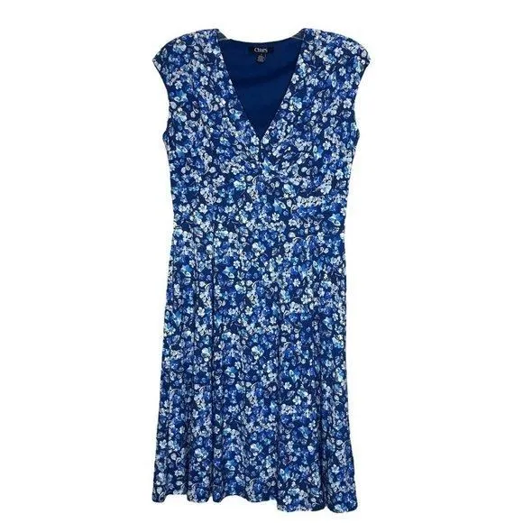 Product image for CHAPS - Blue & White Floral Sleeveless V-Neck Midi Dress - Size Medium