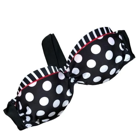 Product image for 𝅺BLACK & White Polka Dot & Striped Strapless Bikini Top w/ Red Accent- Size XL