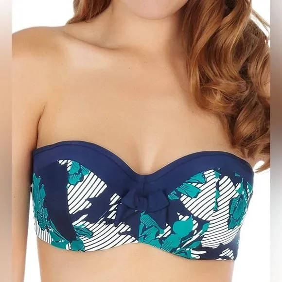 Product image for PANACHE - Strapless Blue and White Floral & Striped Bikini Top w/ Bow - Size 36F