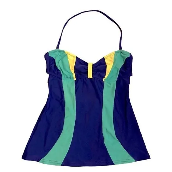 Product image for HOBIE Blue, Aqua & Yellow Tankini Top with Removable Halter Strap - Size Medium