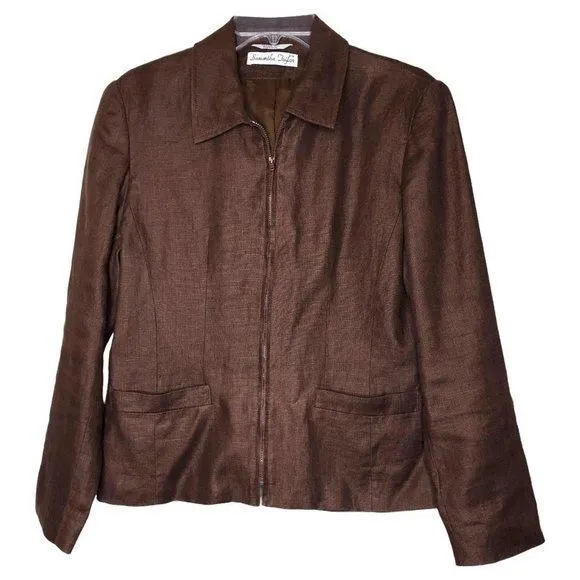 Product image for 𝅺samantha TAYLOR - Brown Linen Zip Front Jacket Blazer - Size 6
