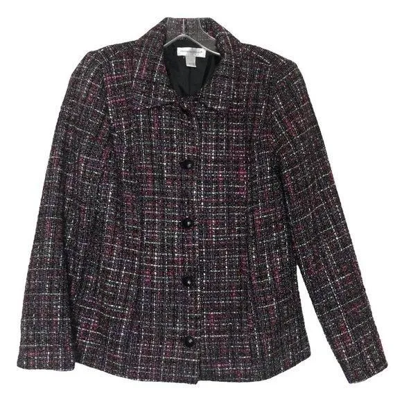 Product image for CHRISTOPHER & BANKS Wool Tweed Button Front Blazer Black, White & Pink - Small