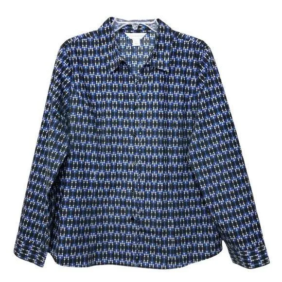 Product image for Christopher & BANKS Cotton Gray & Blue Dotted Long Sleeve Button Down Shirt - XL