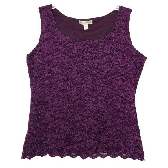 Product image for New - COLDWATER CREEK Plum Purple Lace Overlay Knit Scoop Neck Tank Top - Size M