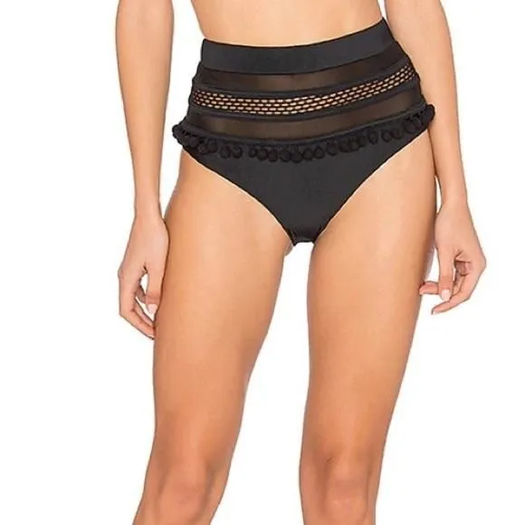 Product image for TULAROSA Thessy Black Mesh Pom Pom High Waisted Bikini Bottoms - Size Large