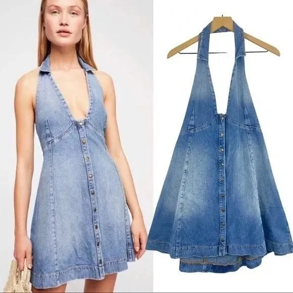 Product image for NWT Y2K Free People Rizzo Halter Collared Low Cut Denim Women’s Mini Dress Small