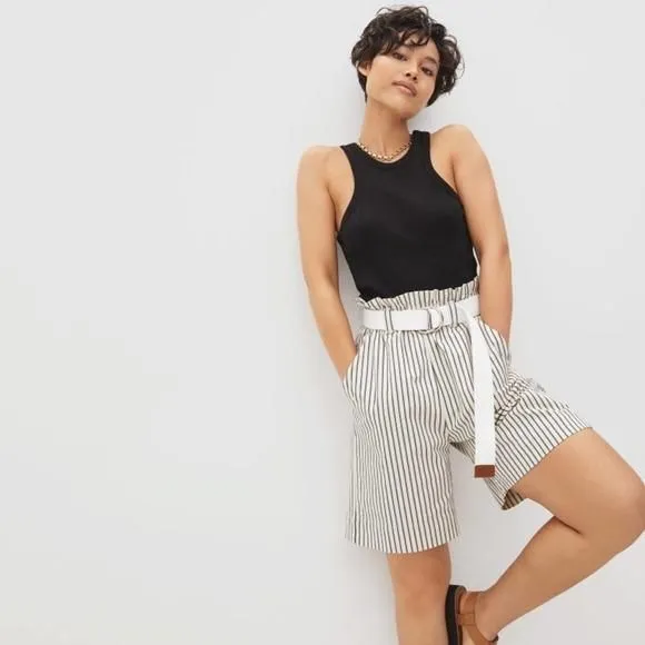 Product image for Everlane Organic Cotton Paperbag Shorts Cream and Navy Vertical Stripes Small