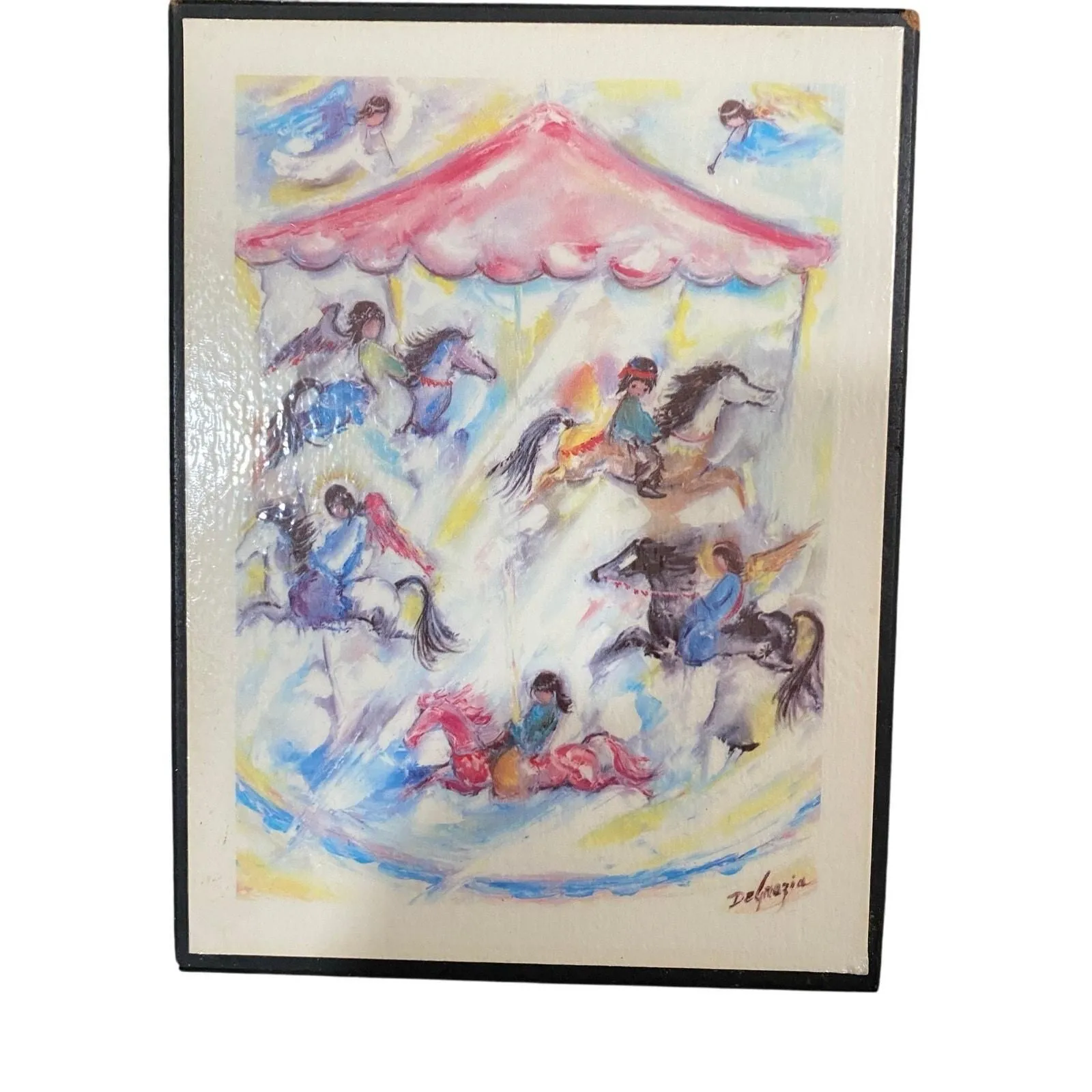 Product image for DeGrazia JOY AND MUSIC Carousel Horses and Riders Wood Mounted Print 6 X 4 