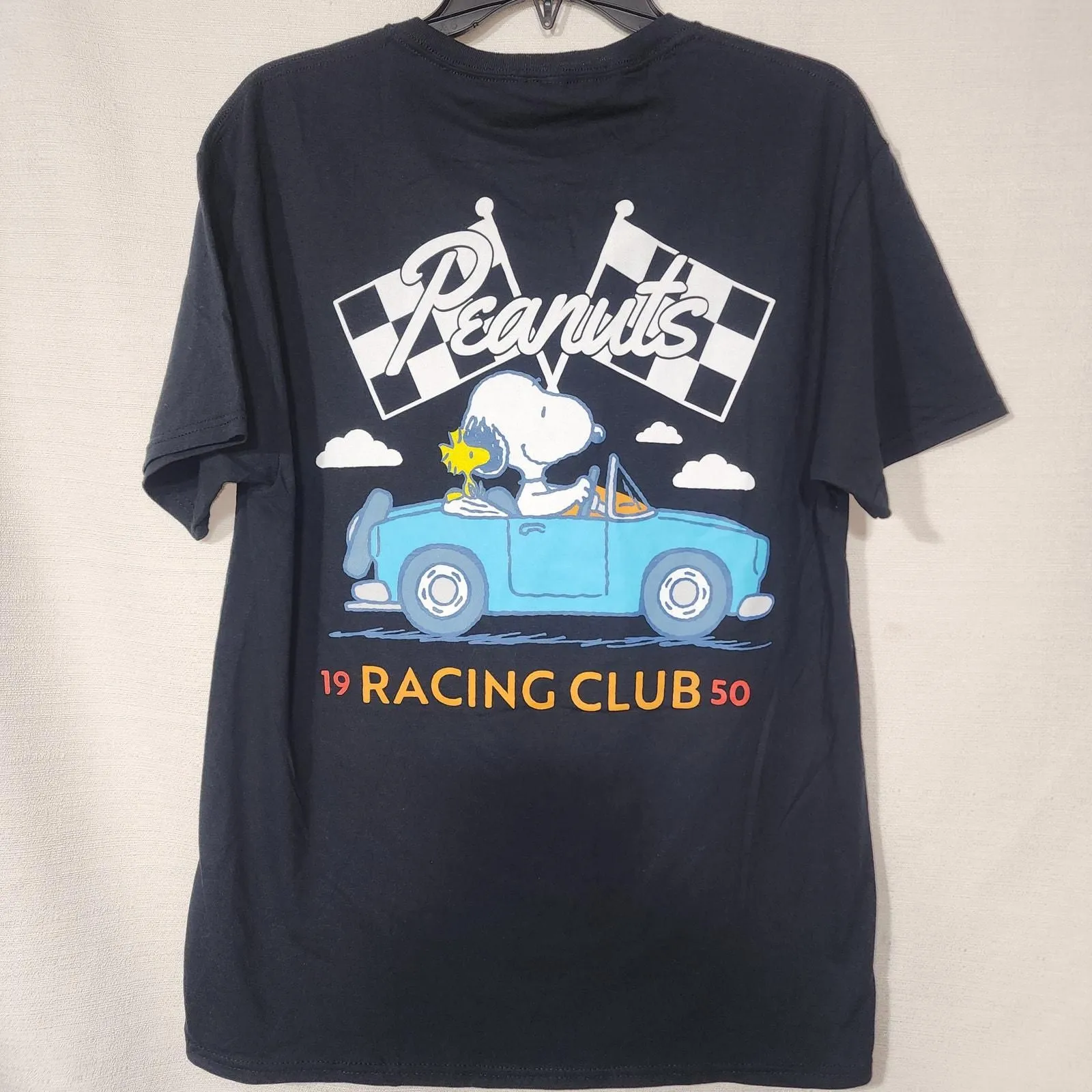 Product image for Snoopy and Woodstock Racing club men's medium black shirt - new-without-tags - Snoopy