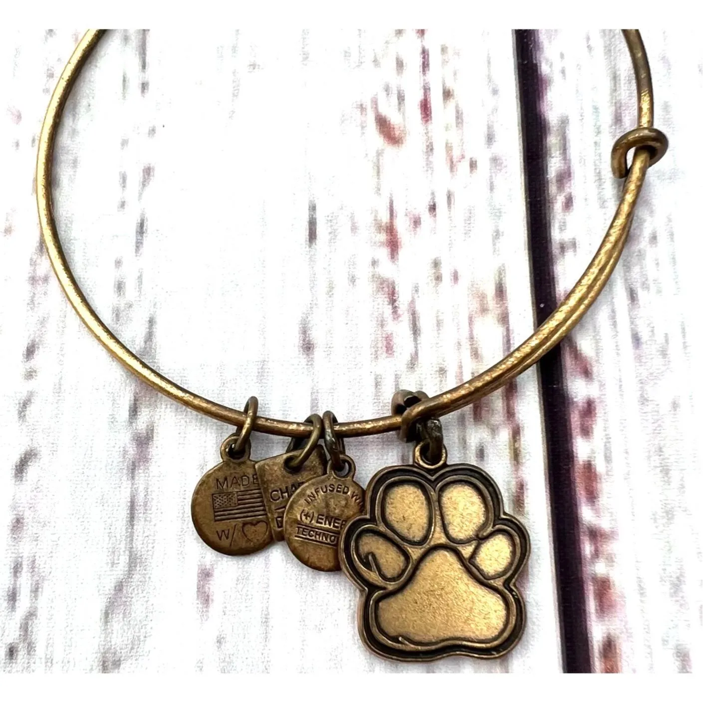 Product image for Alex & Ani Dog Paw Brass Toned Bangle Charm Bracelet Pre-Loved - Bracelet - pre-owned---good