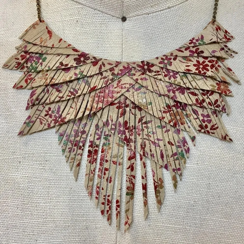 Product image for Artisan Handmade Metallic Boho floral suede fringe necklace - new