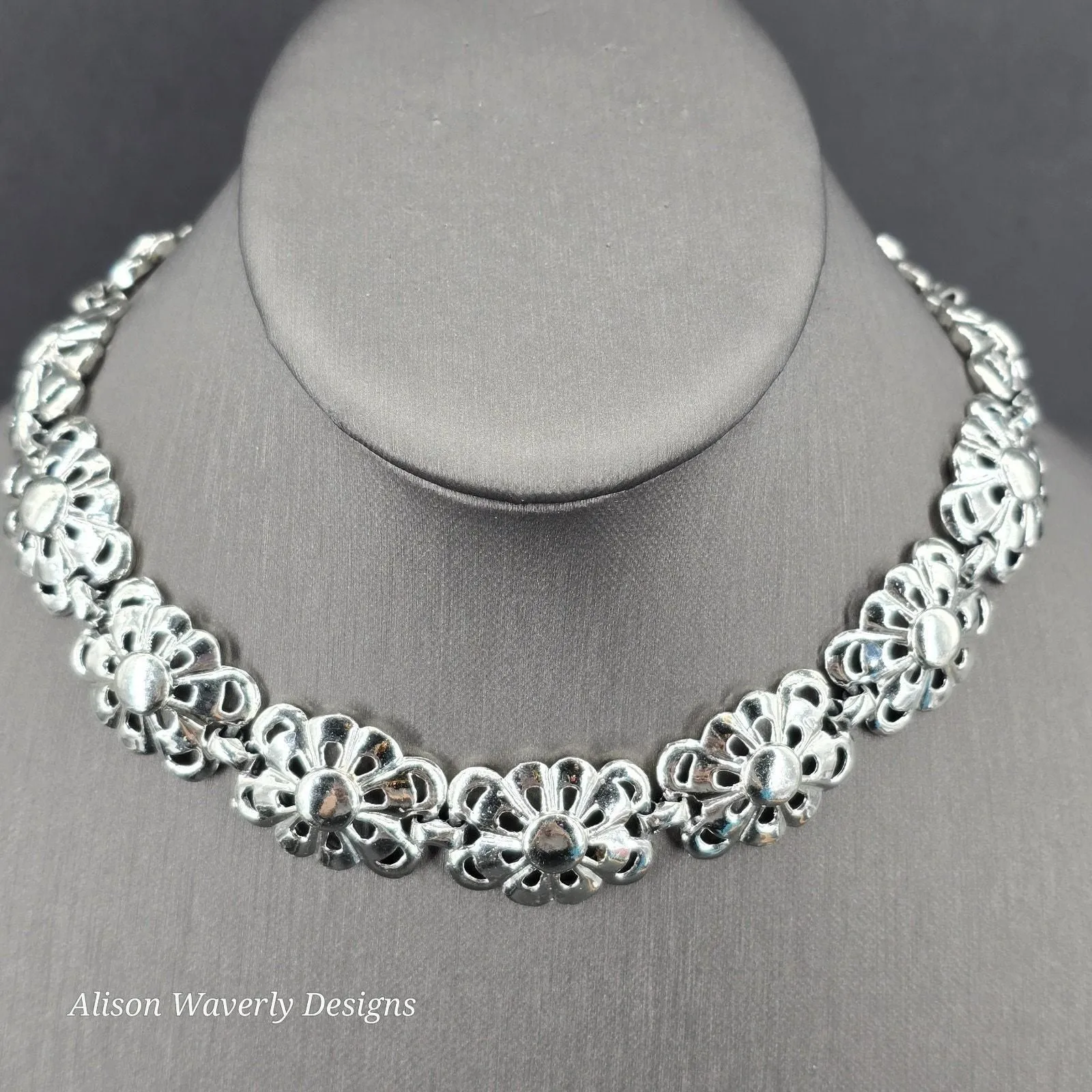 Product image for Vtg Lisner? Floral Silvertone Link Choker Necklace Mid Century