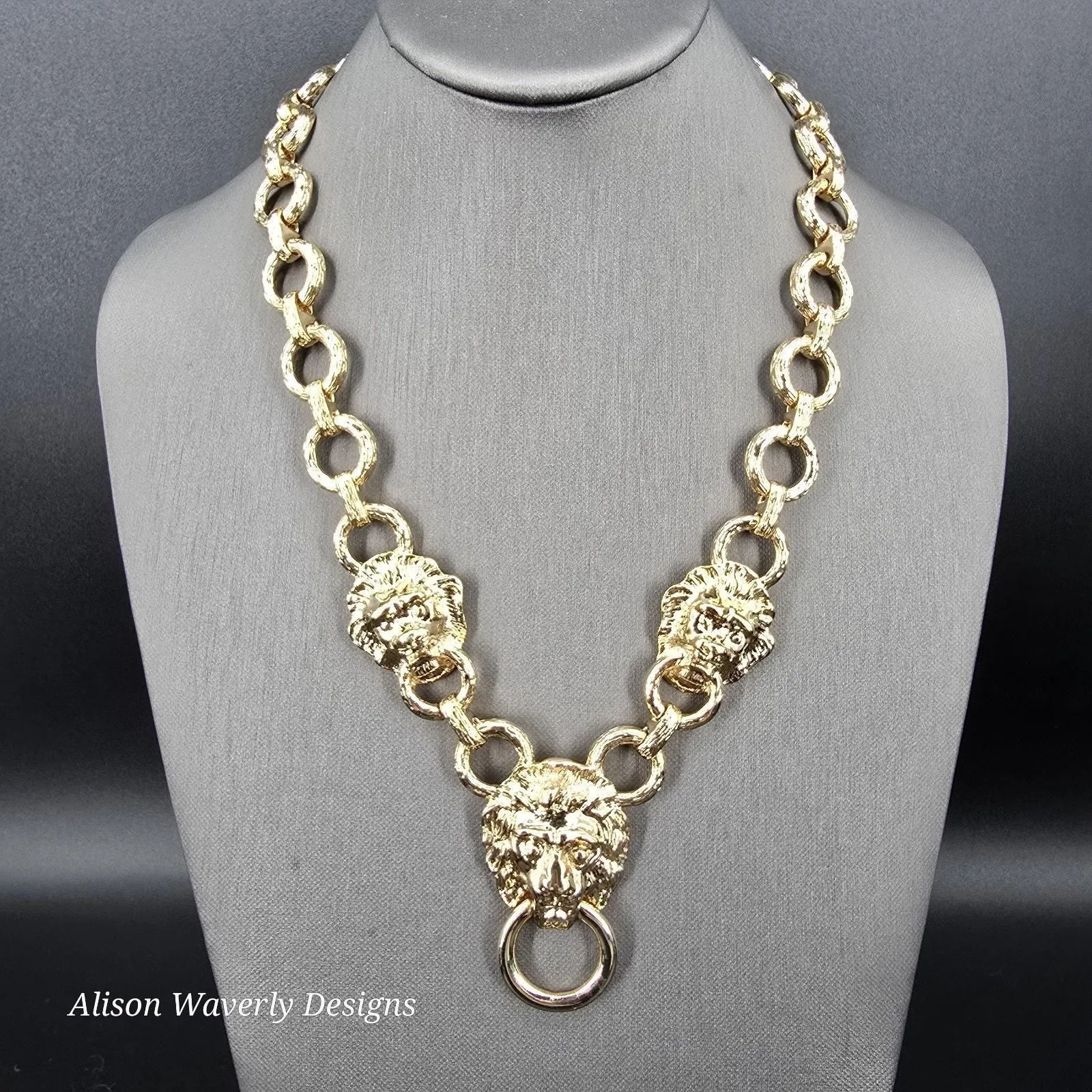Product image for Vintage Designer Kenneth Jay Lane Triple Lion Doorknocker Necklace
