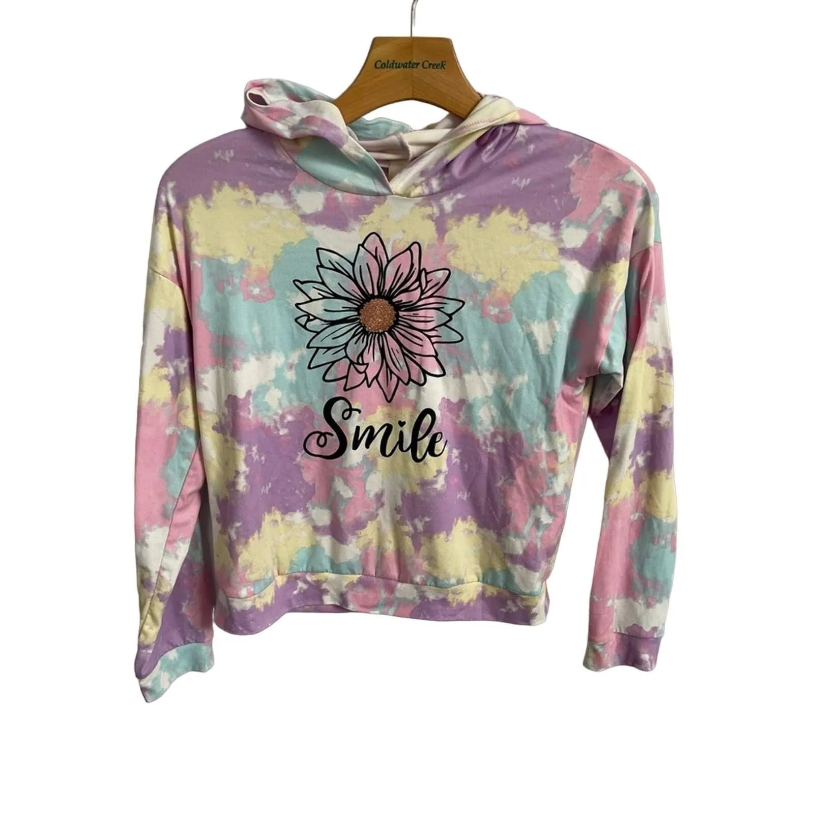 Product image for Lily BLEU floral, pastel SMILE shirt with hoodie, size 14 girls Pullover Jacket - pre-owned---good - Lily Bleu