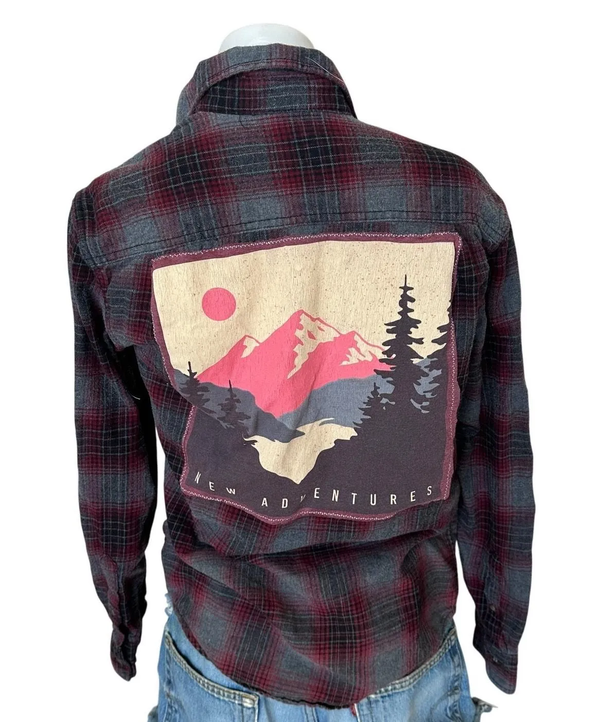 Product image for Camping Plaid Flannel Shirt SMALL Oversize Western Mountain Scene Unique Outdoor - S - Tops - pre-owned---excellent - CheekyMontana