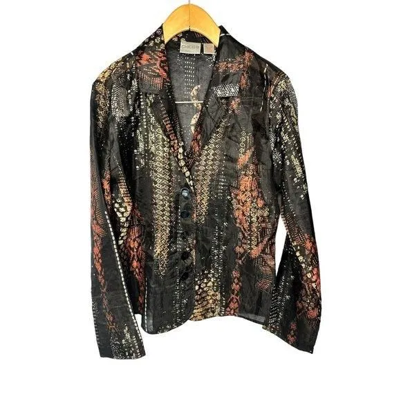 Product image for Chico's 0 Women's 4 S Blazer Jacket Top Buttoned Black Printed 100% Silk
