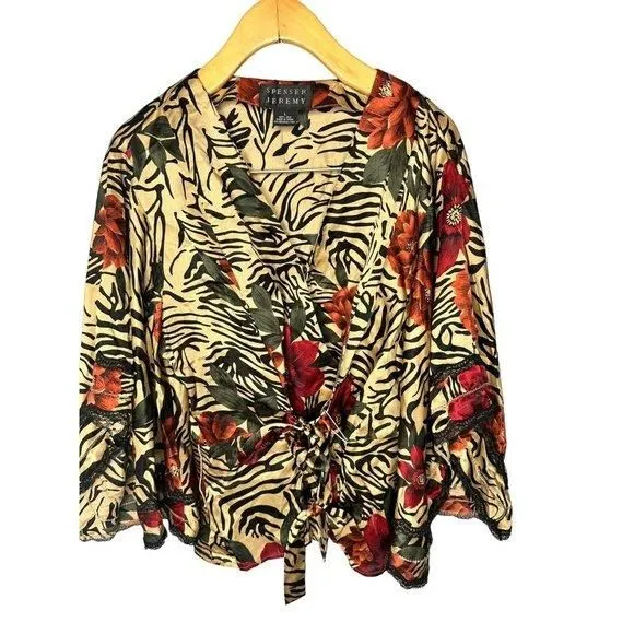 Product image for VTG Spencer Jeremy Women's 100% Silk Blouse Wrap Peplum Animal Print Floral L