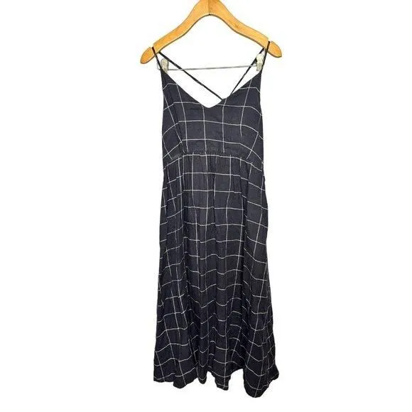 Product image for Cynthia Rowley Sundress Small 4 Linen Navy Blue Fit & Flare Window Pane Plaid