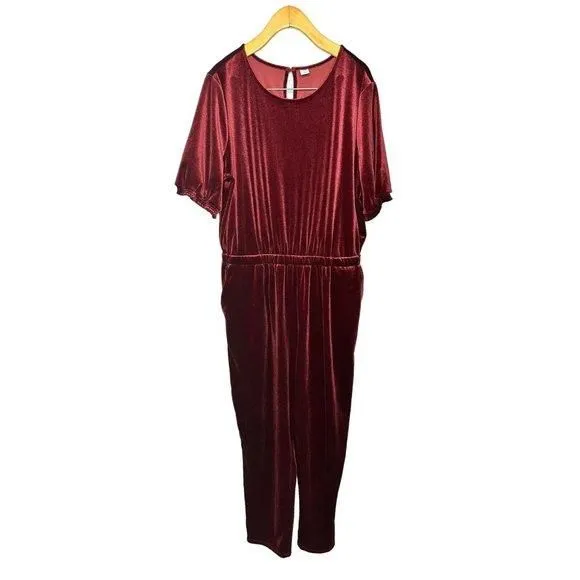 Product image for Old Navy Jumpsuit Romper Wine Burgundy Velour Pockets Stretch Short Sleeves L