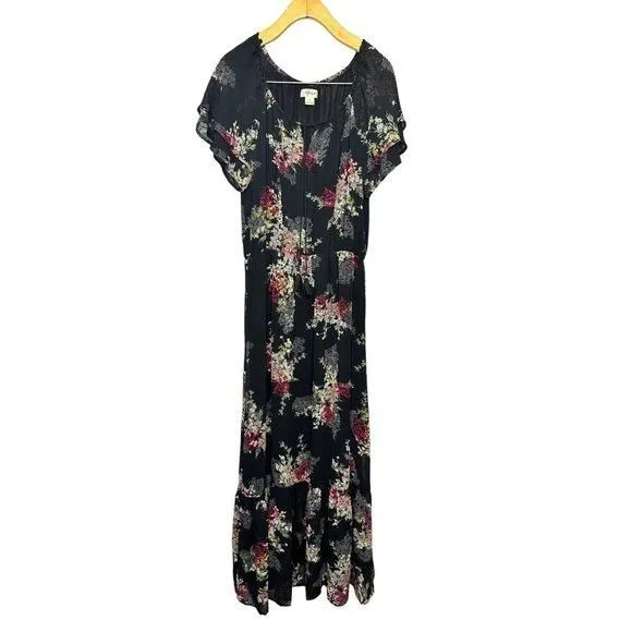 Product image for Style & Co Floral Tiered Midi Dress Black Short Sleeves Lined Tasseled Boho S