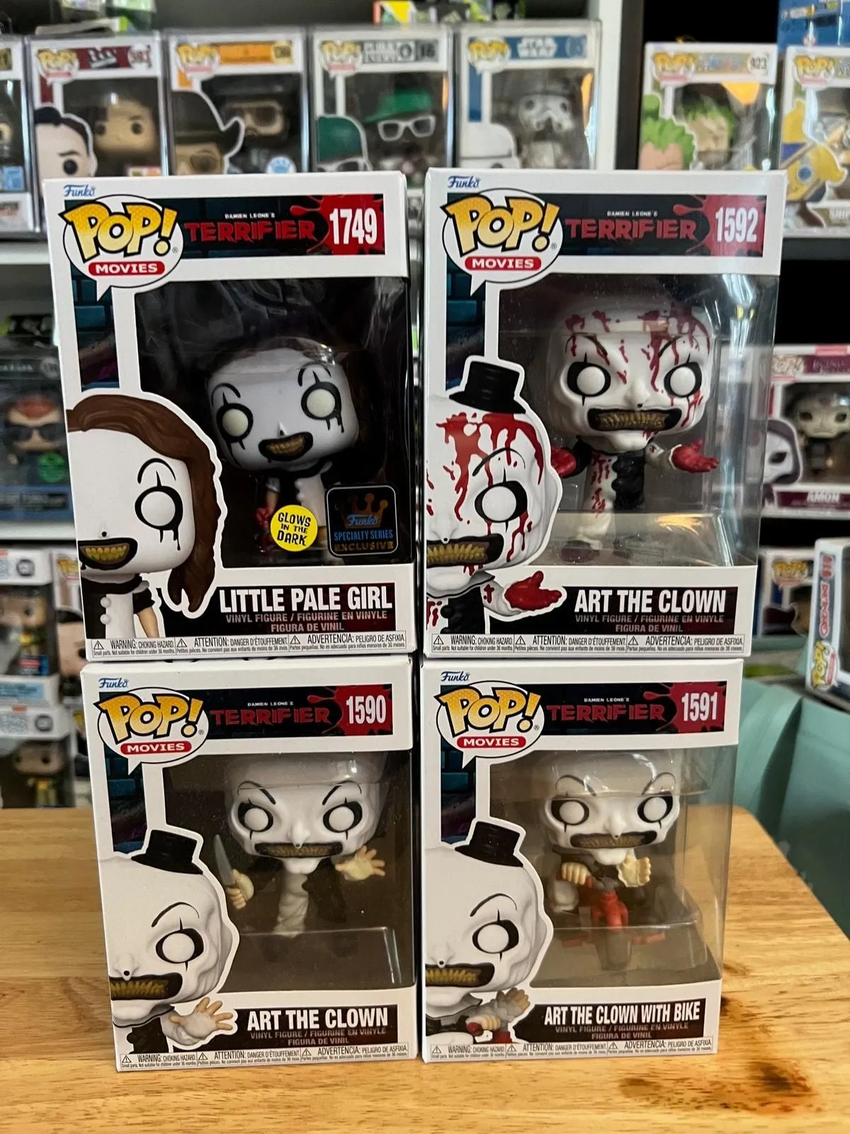 Product image for 4 Terrifier Funko Pops Art Clown Bike Bloody Little Pale Girl Glow Horor Movies