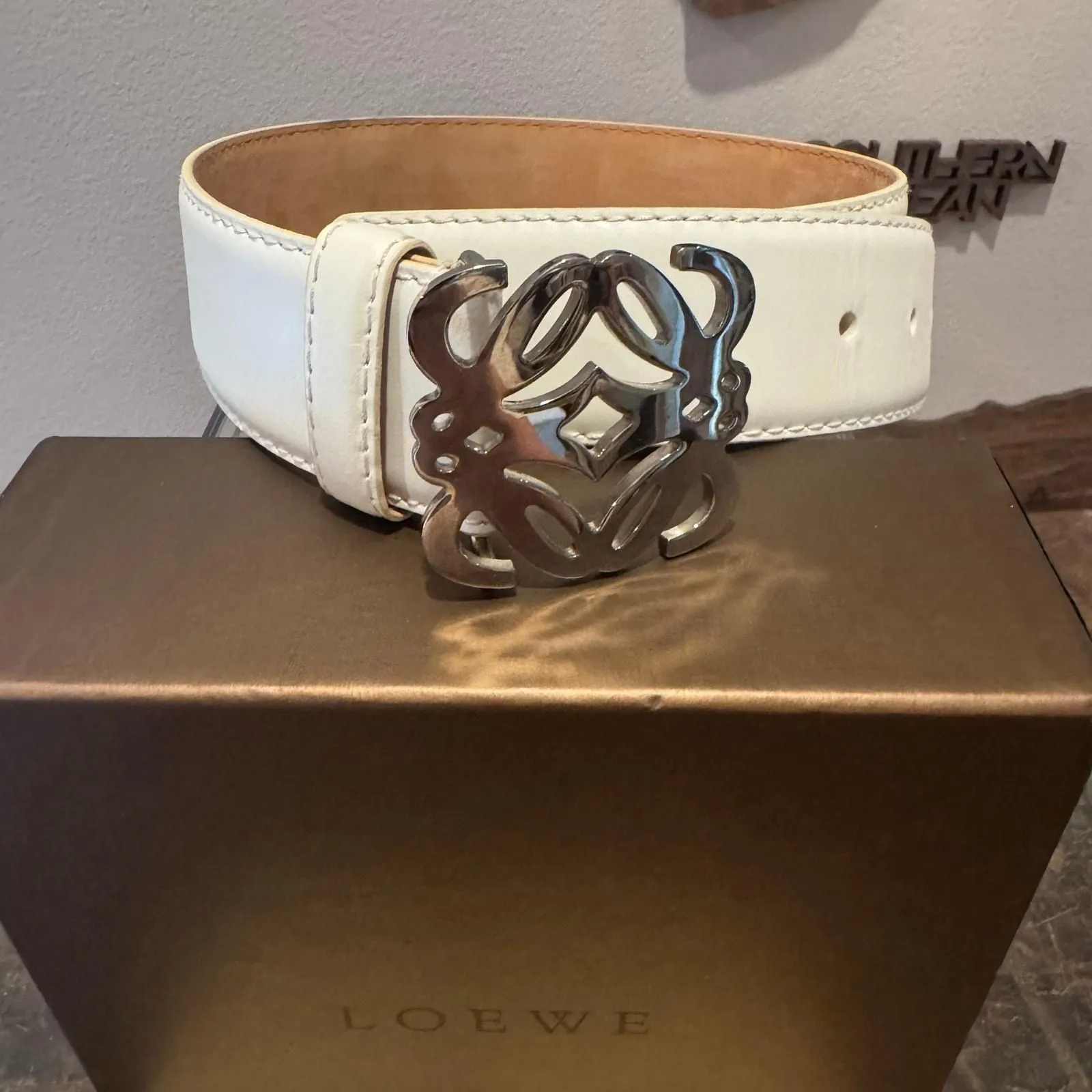 Product image for 696 Loewe White Leather Belt Silver Anagram Buckle 90/36