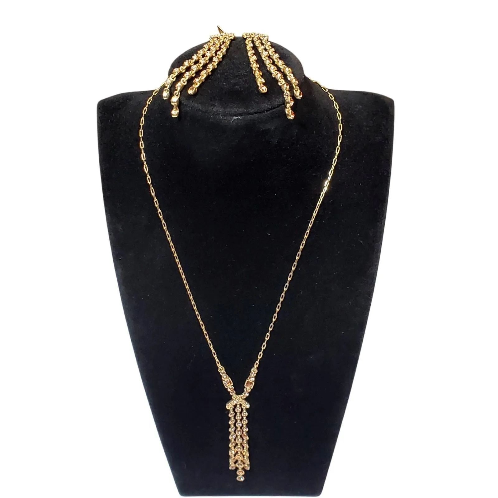 Product image for Gold Tone Brown Rhinestone Necklace Earring Set Unsigned 16" Elegant Vtg - 16" - Necklace - pre-owned---excellent