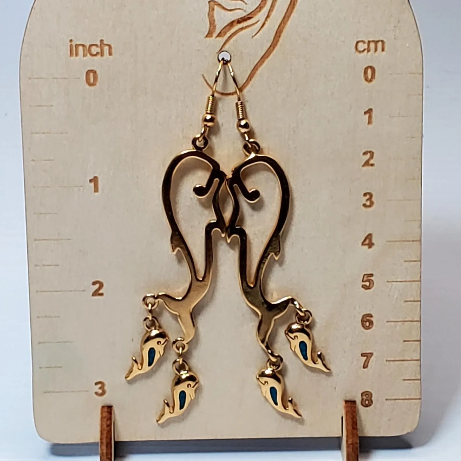 Product image for Gold Tone Whale Dangle Earrings Blue Accent Hook 3" Retro Unsigned Vtg - Earring - pre-owned---excellent