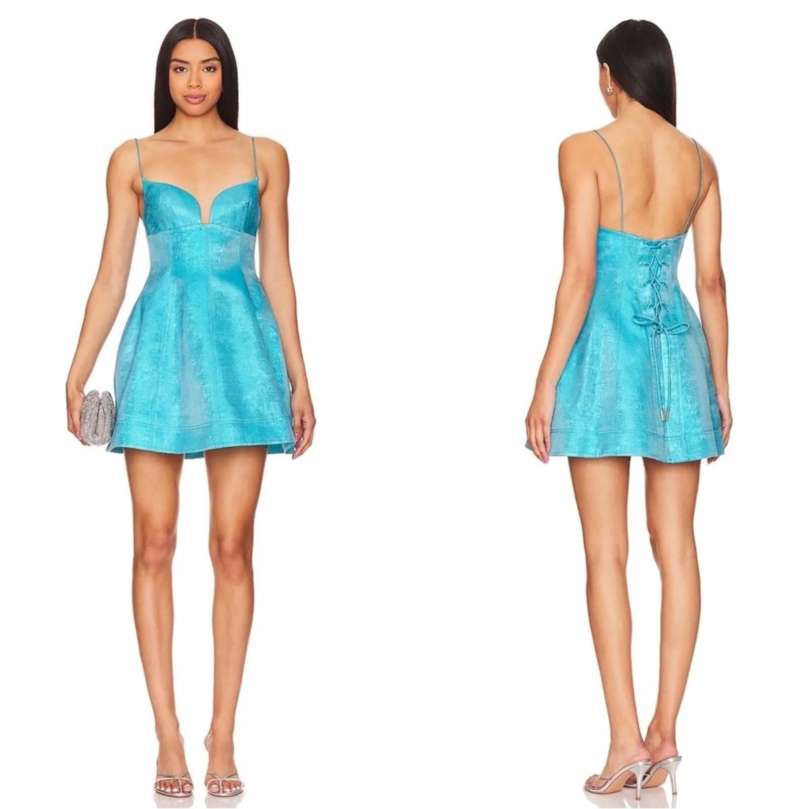 Acler Mornington Lace Back Cyan Metallic Mini Dress Size 10 - Acler