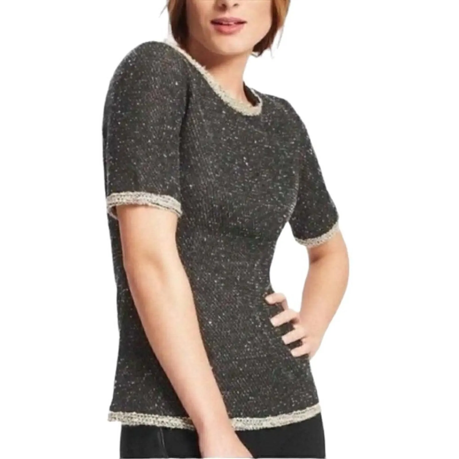 Product image for CAbi Womens Coco Dark Gray Tweed Knit Short Sleeve Round Neck Pullover Sweater M - new-without-tags - CAbi