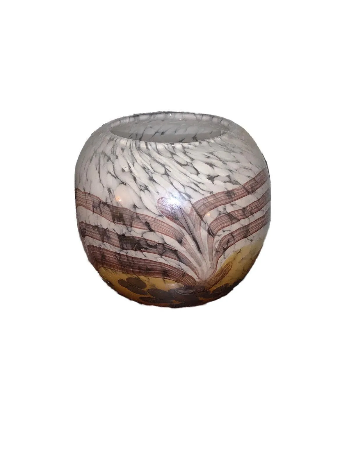 Product image for Murano Style Art Glass Feather Swirl Vase Bowl Sphere Purple White Gold Vintage