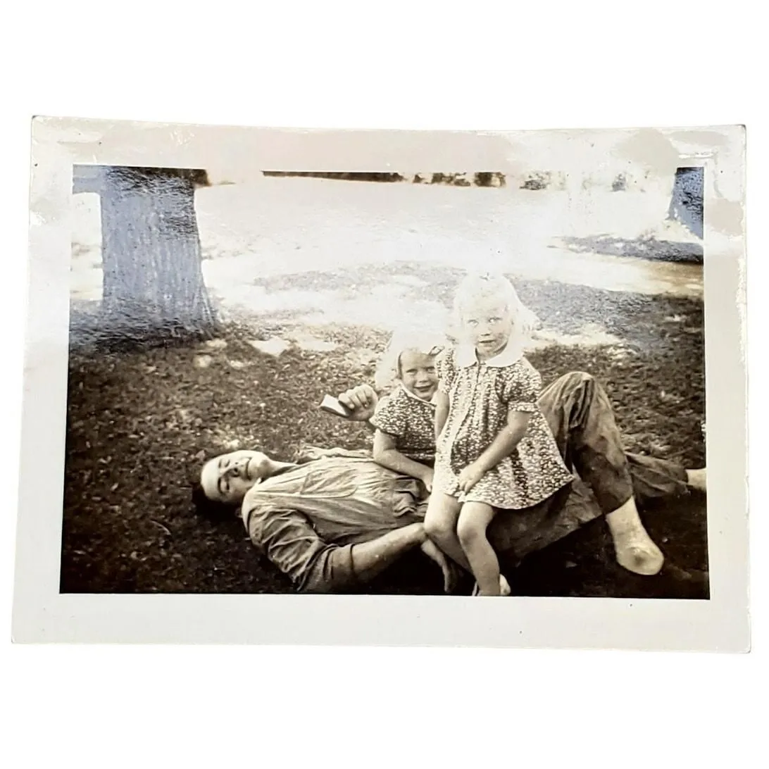 Product image for Vtg Father Laying in Grass with Daughters Original Monochrome Photography Found - Photos - used-and-fully-functioning