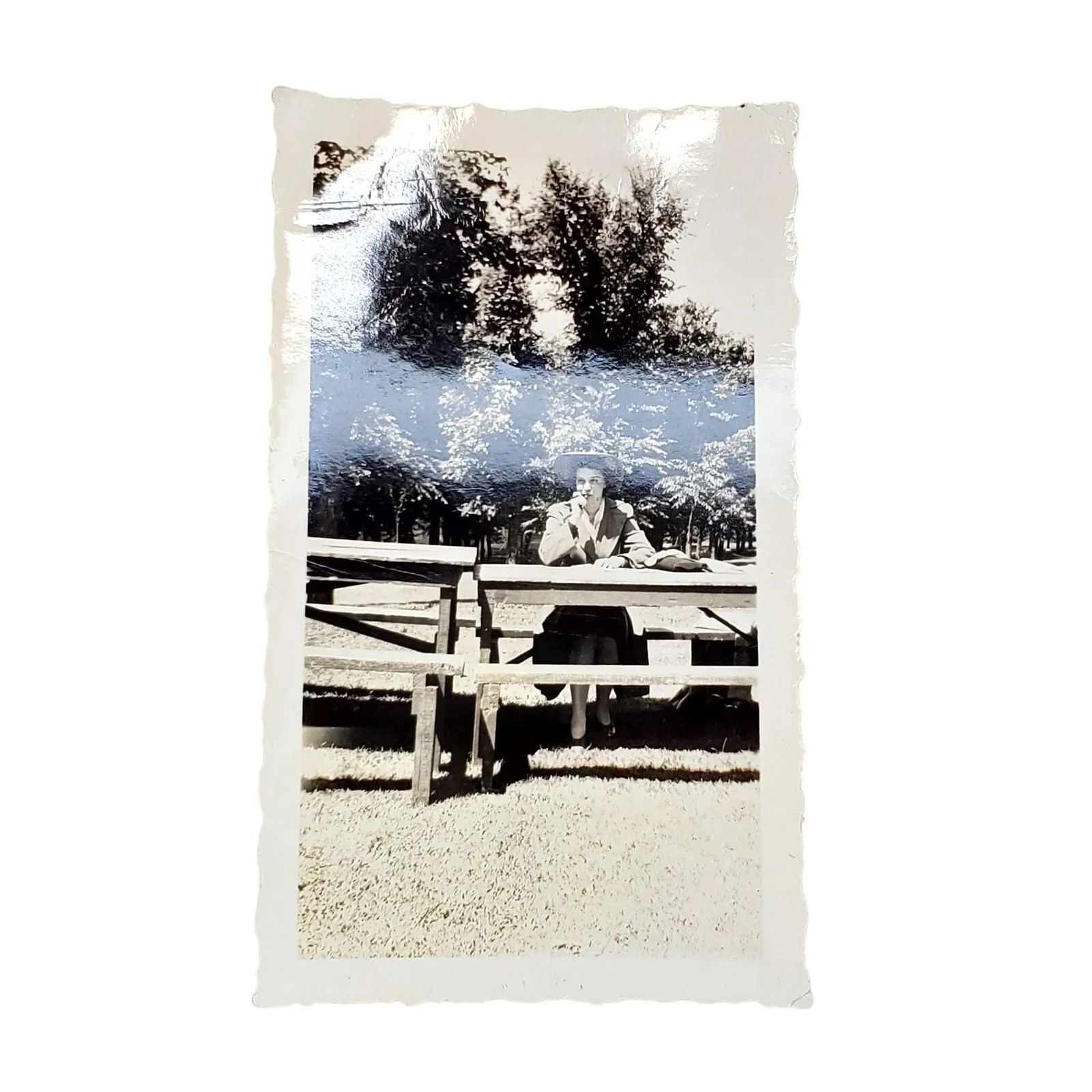 Product image for Vtg Lady Writing Thinking at Picnic Table Original Monochrome Photo Snapshot - Photos - used-and-fully-functioning