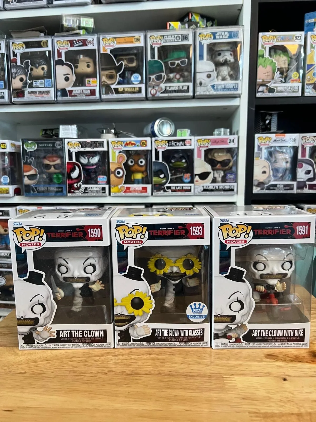 Product image for 3 Terrifier Funko Pops EXC Art Clown Glasses Bicycle 1593 1592 Horror Movies