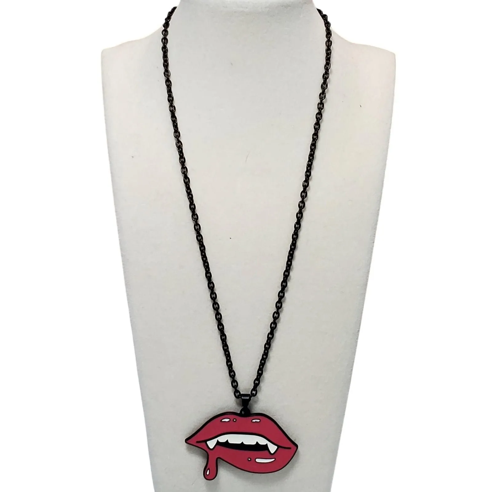 Product image for Vampire Teeth Pink Lip Bite Pendant Halloween Black Chain 18" - Necklace - 18" - pre-owned---excellent